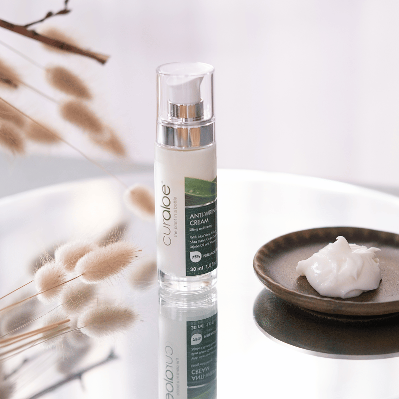 Curaloe Anti-Wrinkle Renewal Cream with 75% Aloe Vera and Shea Butter, targeting fine lines and sun damage for aging skin
