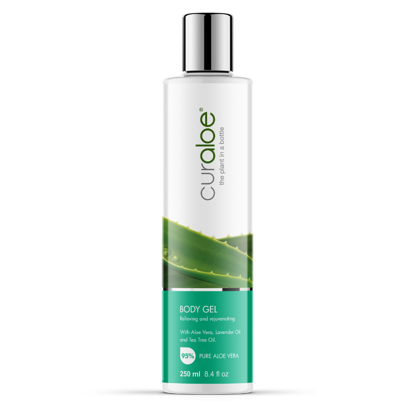 Curaloe Body Gel with 95% Aloe Vera, soothing sunburns and reducing itching for enhanced skin repair