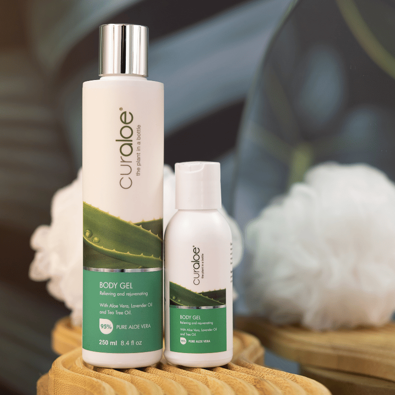 Healing and hydrating body gel by Curaloe, packed with 95% Aloe Vera and natural oils to boost skin elasticity and smoothness