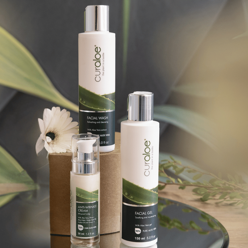 Complete Curaloe skincare set, synergistically working to cleanse, treat, and shine, sustainably grown from on the Aloe Vera Farm Curacao