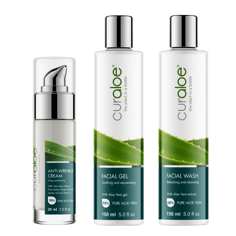 Curaloe Cleanse - Treat - Shine skincare set, featuring Facial Wash, Gel, and Serum designed to combat aging and promote a healthy glow