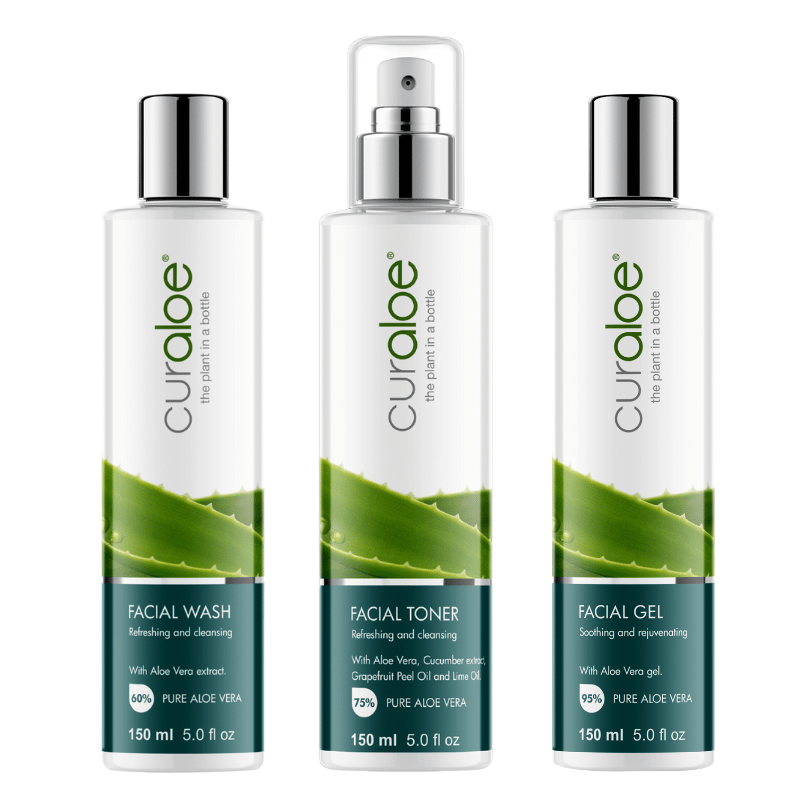 Curaloe Facial Cleansing and Treatment Bundle, featuring facial wash, toner, and gel for acne-prone skin