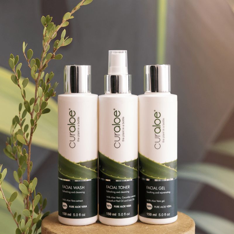 Complete Curaloe skincare set, specially designed to cleanse, tone, and hydrate for a balanced and refreshed complexion