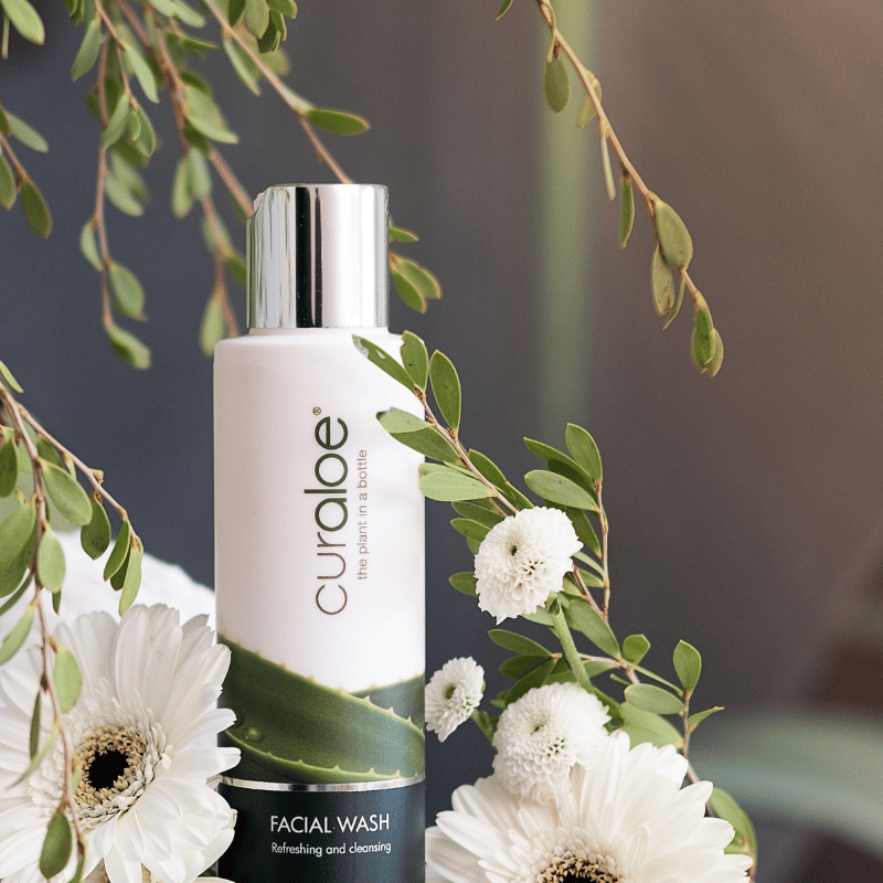 Facial wash from Curaloe Flawless Skin Kit, crafted with 60% Aloe Vera, designed to remove oil and impurities while soothing acne