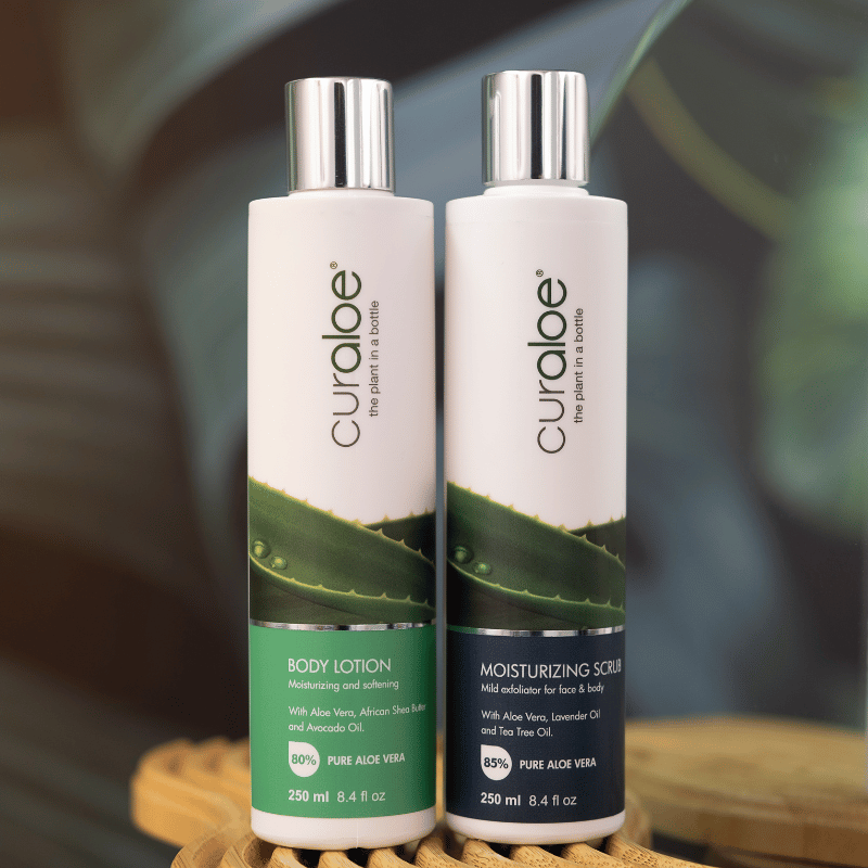 Revitalizing body lotion by Curaloe, packed with 80% Aloe Vera and natural oils, ensuring lasting softness and skin health